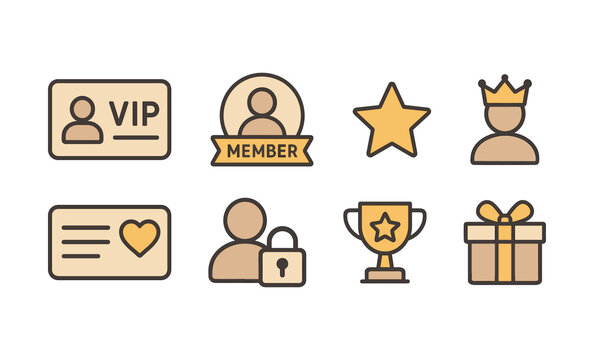 Member-only deals icons: loyalty, vip, rewards, gifts, and membership symbols