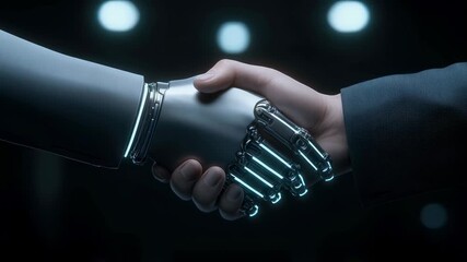 A human hand shakes a robotic hand in a futuristic setting. The robot's hand features metallic fingers with glowing accents. The scene conveys themes of technology and collaboration. - Powered by Adobe