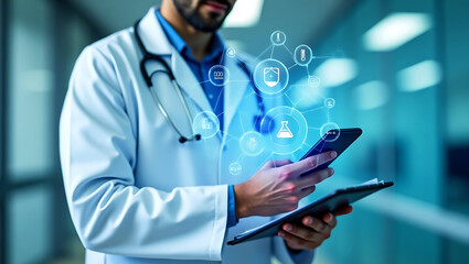 Doctor using digital tablet and smartphone with futuristic healthcare technology interface overlay