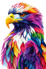 Obraz premium Colorful eagle portrait showcasing vibrant feathers against a white background, ideal for art