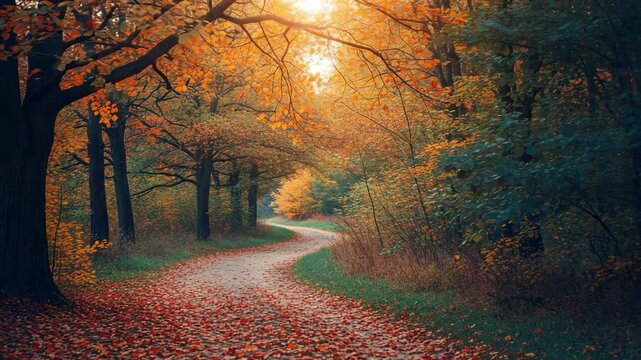 Winding path through a beautiful autumn forest with golden sunlight. Scenic fall landscape with colorful trees and fallen leaves.