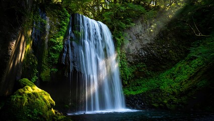 Lush forest waterfall cascading over mossy rocks nature green