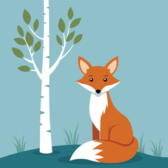 Cute Fox Sitting Near Birch Tree in a Flat Vector Illustration