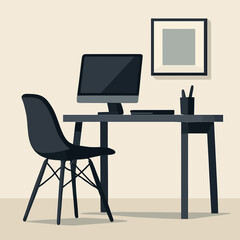Modern Flat Home Office Illustration with Computer and Frame