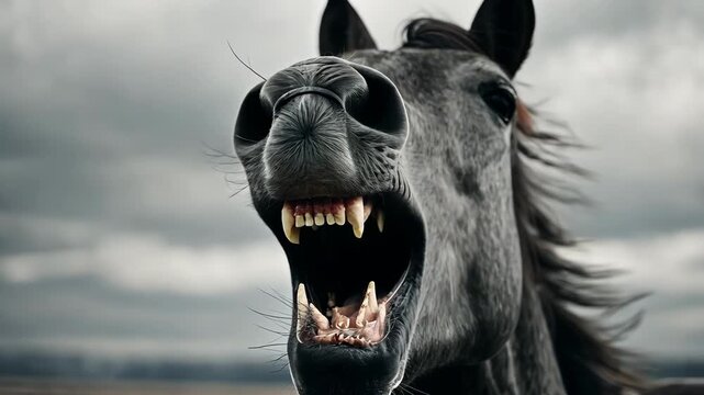 Close-Up of a Horse Neighing with Open Mouth