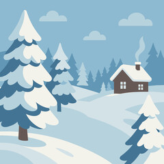 Minimalist Winter Landscape with Snowy Cottage and Pine Tree Illustration