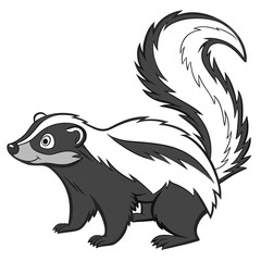 A cute cartoon skunk with a bushy tail stands on white