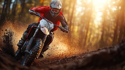 Motocross rider in action through a forest trail