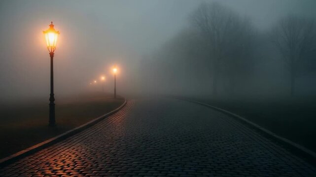 A cobblestone path with glowing streetlights on a foggy night. Mysterious atmospheric scene with vintage lamps in a park.