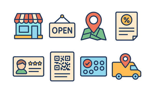 Icons representing local business essentials and advertising features - Powered by Adobe