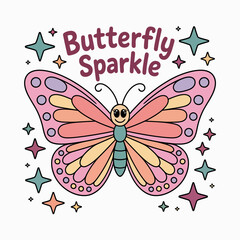 Butterfly sparkle printable with orange butterfly, pastel stars, fun script, holiday card, typographic sticker