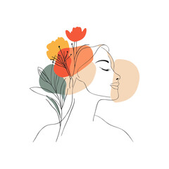 Floral side profile of young Caucasian woman with red and yellow flowers and abstract pastel shapes in modern line art style for beauty, wellness, or spring campaigns on transparent background.