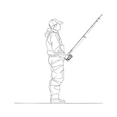 Side view of young Caucasian male fisherman holding fishing rod in hoodie and cap, minimalist line SVG drawing for outdoor hobby content or Father's Day visuals on transparent background.