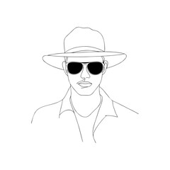Stylized male traveler in sunglasses and hat, front view portrait of African American man in outline doodle style for vacation, adventure, or Father's Day content on transparent background.