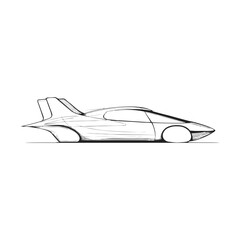 Sketch of futuristic flying car in dynamic side view with aerodynamic curves, black and white doodle line art for technology innovation and sci-fi concepts on transparent background.