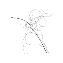 Side profile of young Caucasian woman with fishing rod in cap, continuous line minimalist SVG artwork for adventure blogs, outdoor lifestyle brands or Women's Day themes on transparent background.