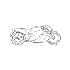 Futuristic electric motorcycle in aerodynamic side profile sketch, black contour line art concept for automotive innovation, transport design or tech showcase on transparent background