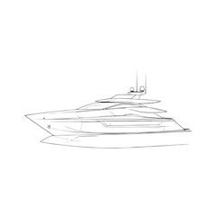 Luxury futuristic yacht in side view doodle sketch with minimal black lines for marine travel, yacht branding, or elite lifestyle themes on transparent background.