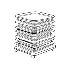 Stacked food dehydrator machine in simple doodle line art with black contours, side view of kitchen appliance for healthy food content or cooking guides on transparent background.
