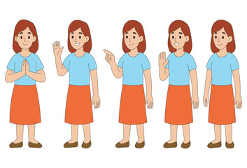 Female character poses set flat vector pack of a young woman doing greeting, waving, pointing and neutral standing gestures. Vector character pack of a woman in multiple gestures.