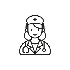 Stylized illustration of a smiling female doctor wearing a cap and stethoscope isolated on a white background