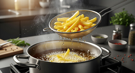 Golden crispy French fries being removed from hot oil in a professional kitchen, perfect for culinary projects and food-related marketing