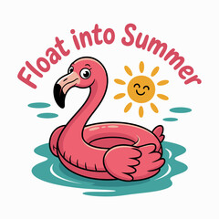 Float into summer card with pink flamingo float, smiling sun, pool water, printable sticker, summer poster