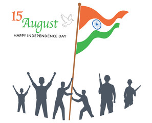 15 August Independence Day Celebration Vector Silhouettes Waving Indian Flag with Soldiers. Patriotic India Poster Design Indian Flag Illustration with People Celebrating and Dove Symbol.
