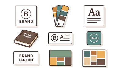 Graphic design elements featuring brand templates and color swatches