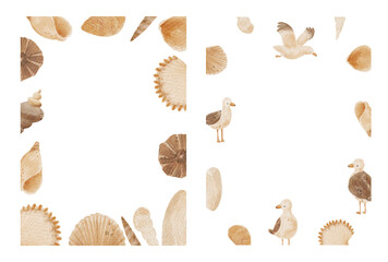Watercolor underwater frames with seashell and seagull. Marine life banner for baby shower and postcard design. 