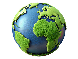 Green earth globe with continents covered in grass isolated on transparent background