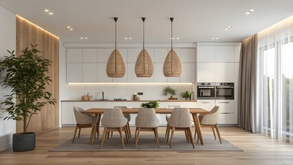 Modern Minimalist Kitchen and Dining Room with Natural Wood Accents and Scandinavian Design