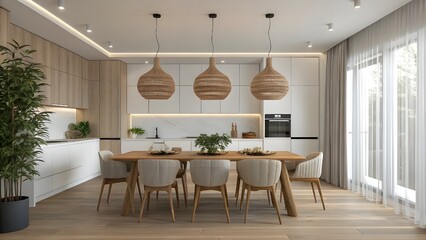 Modern Minimalist Kitchen and Dining Room with Natural Wood Accents and Scandinavian Design