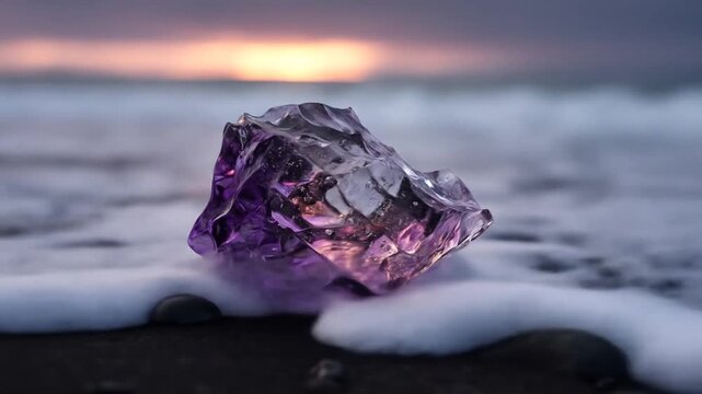 Vibrant amethyst crystal on wet sandy beach with gentle ocean waves at sunset.