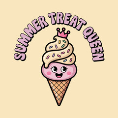 Cartoon swirl cone with sparkly eyes and crown, summer treat queen title ideal for printable badge or greeting card front  