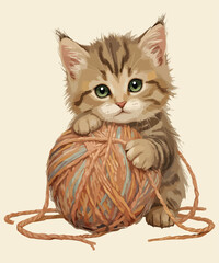 "Playful Tabby Kitten with Yarn – Cute Digital Illustration"