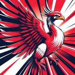 Fototapeta premium Red and white stylized phoenix with wings spread in dynamic design 