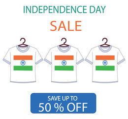 Independence Day Sale Banner with Indian Flag T-Shirts Flat Vector Design for Promotions. 50% Off Independence Day Offer Poster Tricolor T-Shirt Sale Advertisement Illustration. 