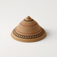 Traditional woven straw hat with geometric patterns and colors  