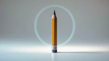 Short yellow pencil standing upright on light background
