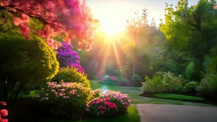 A sunny garden path with vibrant pink blooms and stone pavers