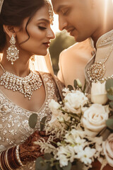 A woman and man in traditional Indian wedding attire with beautiful jewelry, a symbol of love and marriage