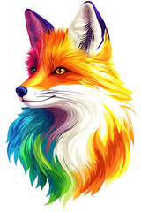 Vibrant and Colorful Fox Illustration with a Rainbow Mane Against a White Background