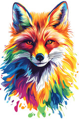 Colorful artistic representation of a fox with vibrant hues and paint splashes in the background