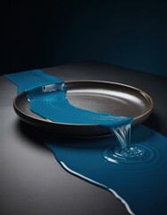 View of a black ceramic plate with a blue flexible silicone spatula pou bright blue liquid or sauce onto a dark surface against a dark background