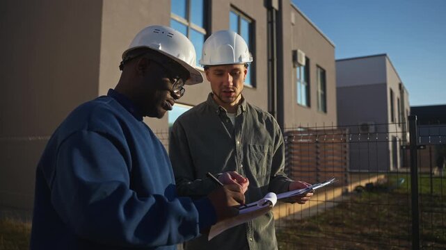 Construction engineers in hard hats discuss construction plans standing near the house