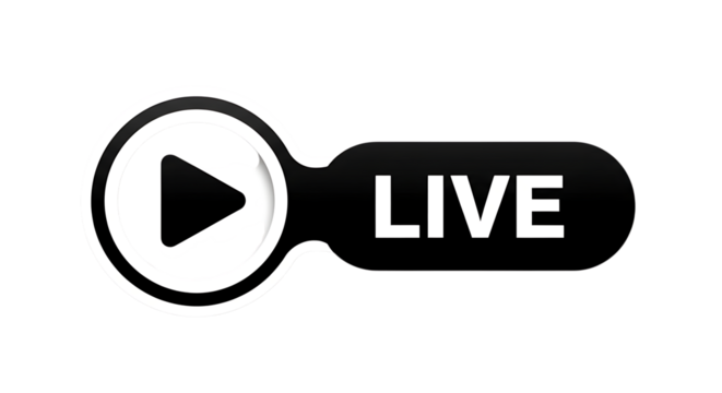 A modern live streaming button with a play icon is presented isolated on a transparent background, signifying realtime content