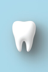 3D render tooth illustration on blue background. Cartoon dental icon. Oral health and dental care concept. Minimalistic and modern dentistry render.