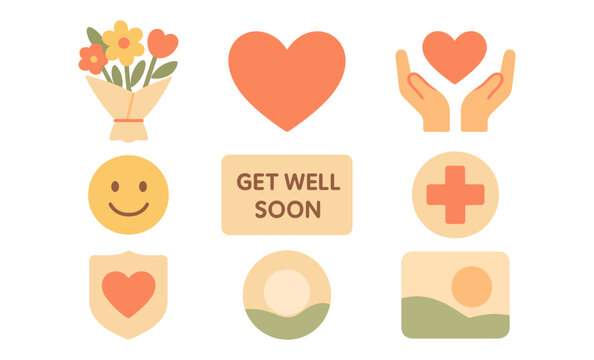 Get well soon symbols: heart, flowers, cross, and emoji on beige background