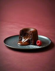 Elegant molten chocolate lava cake with caramel filling served with fresh raspberry on dark plate against pink background
